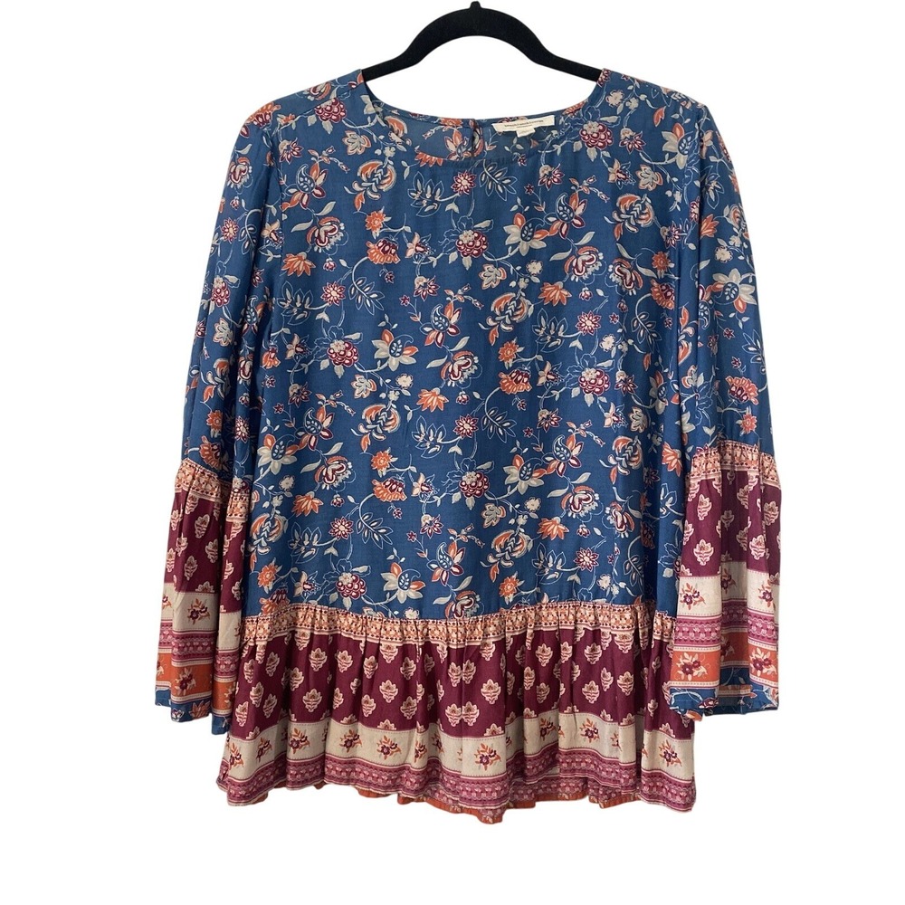 Beach Lunch Lounge Blue Boho Floral Bell Sleeve Peasant Top Pleated Hem Size Med